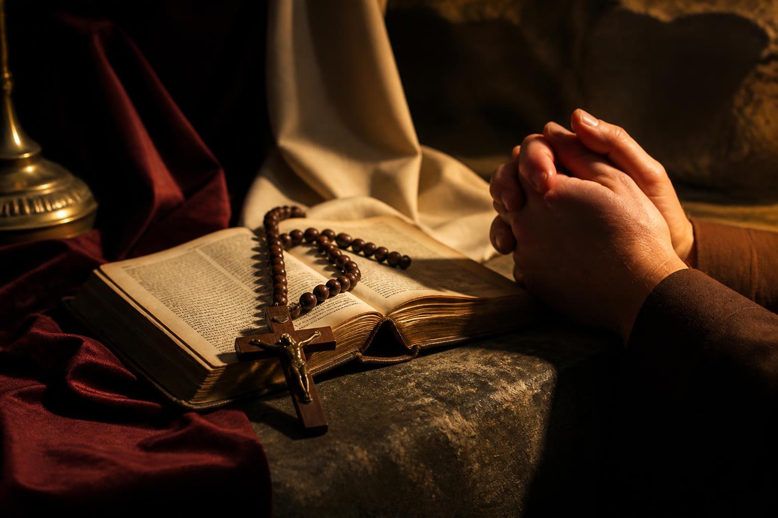 Terço de madeira sobre uma Bíblia aberta ao lado de mãos unidas em oração